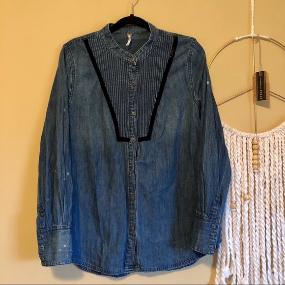 Free People Denim Velvet Trim Tuxedo Top - Picture 1 of 5